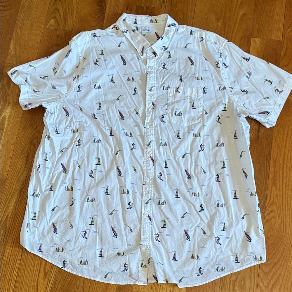 Sonoma White Short-Sleeve Button-Down Shirt Multicolor Wind Surfer Motif 3XB